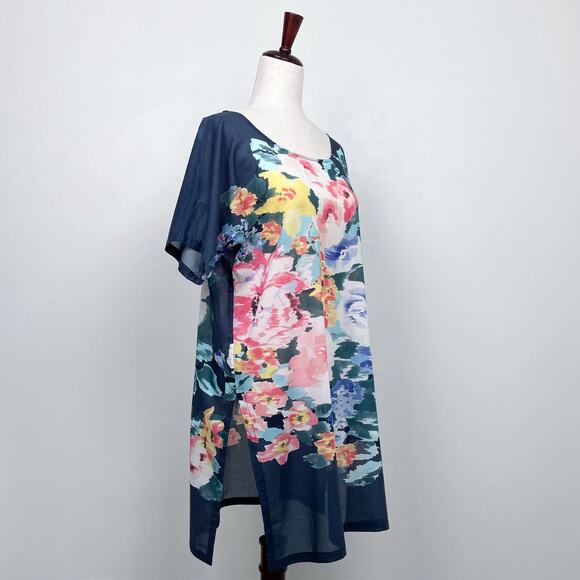 Johnny Was Blue Floral Cotton Side Slit Tunic Top - Picture 1 of 9